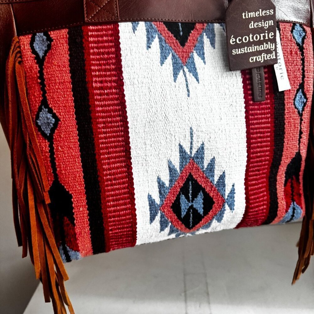 Ecotorie Jackson Tote Cognac Southwestern Print Canvas leather Fringe - Picture 5 of 8